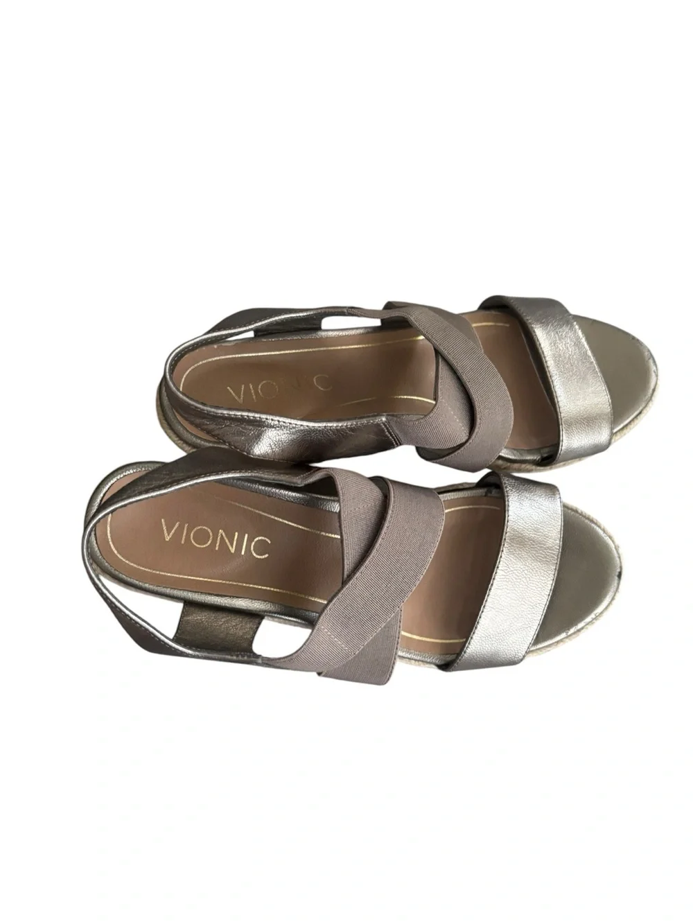 Vionic Tulum Ainsleigh wedge sandals, featuring a metallic bronze leather upper